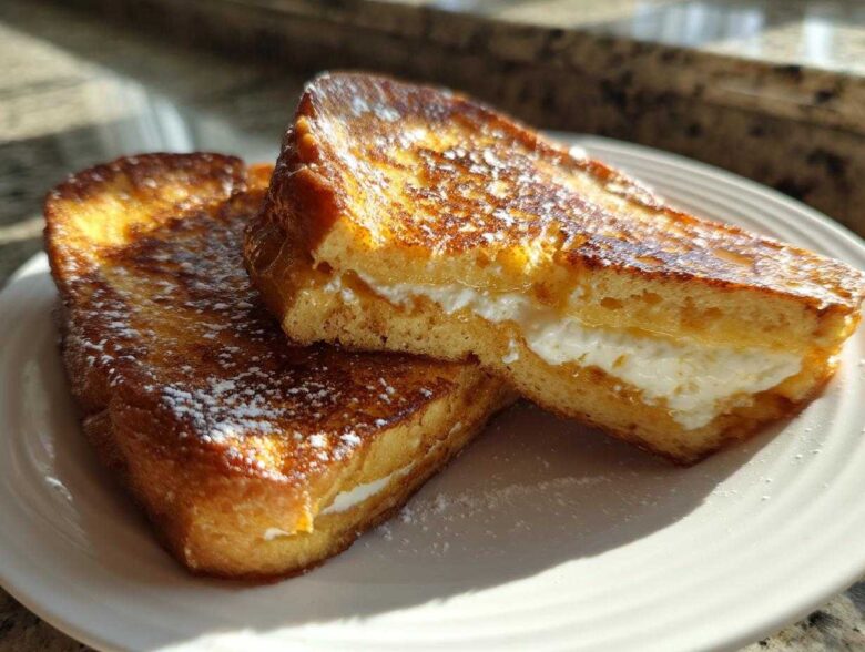 Two golden brown halves of cream cheese stuffed french toast dusted with powdered sugar on a white plate.