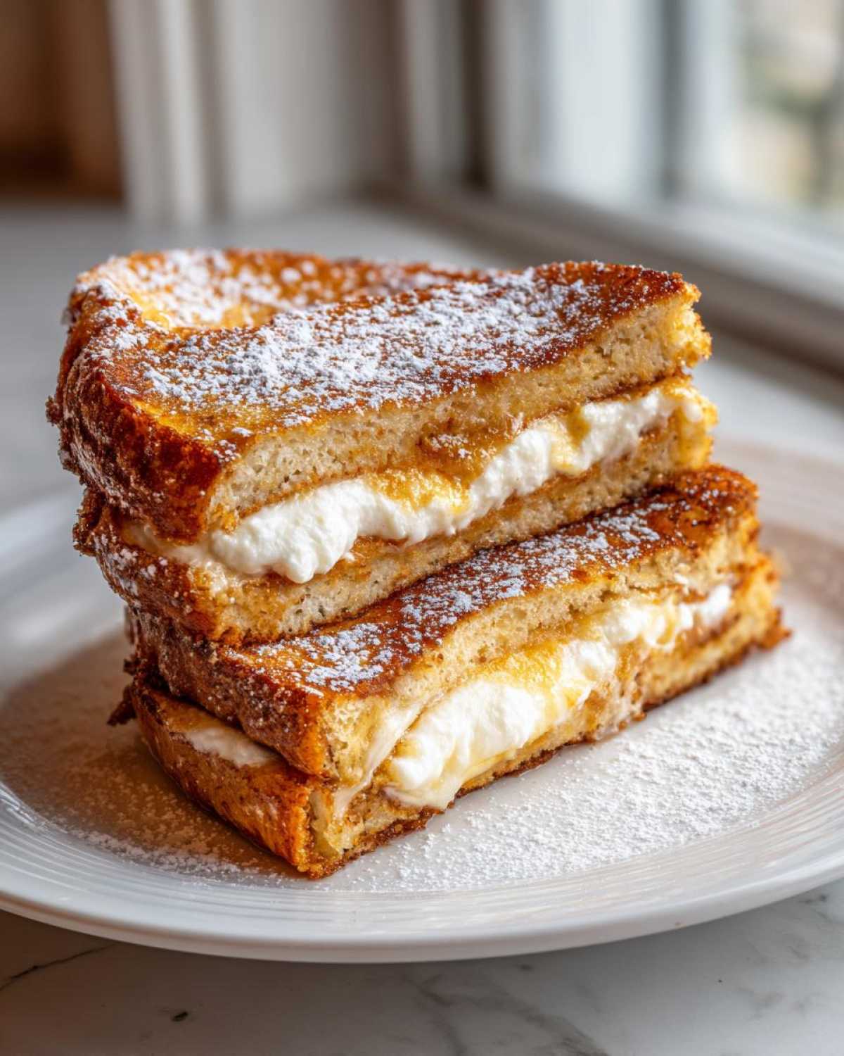 Two halves of golden brown cream cheese stuffed french toast stacked on a white plate, dusted heavily with powdered sugar.