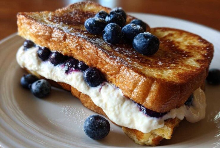 A thick slice of golden brown stuffed french toast filled with creamy white filling and fresh blueberries.