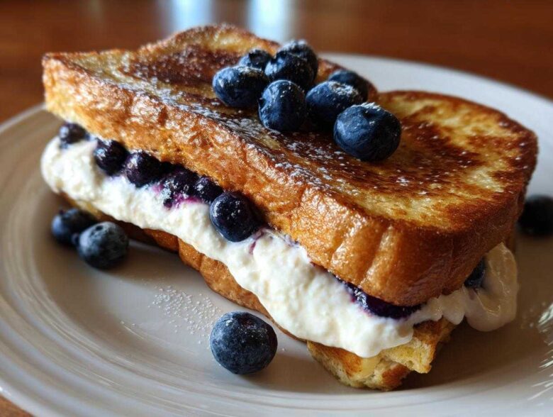A thick slice of golden brown stuffed french toast filled with creamy white filling and fresh blueberries.