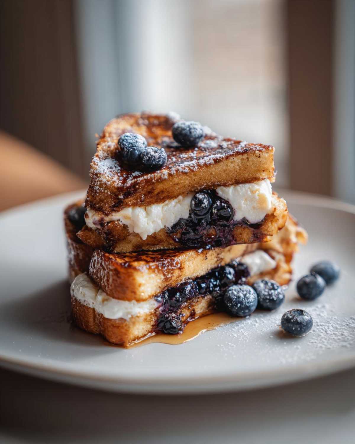 Close-up of two slices of stuffed french toast layered with cream cheese and blueberry compote, topped with fresh blueberries.