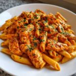 A close-up of creamy cajun chicken pasta featuring penne noodles and chunks of seasoned chicken, garnished with parsley.