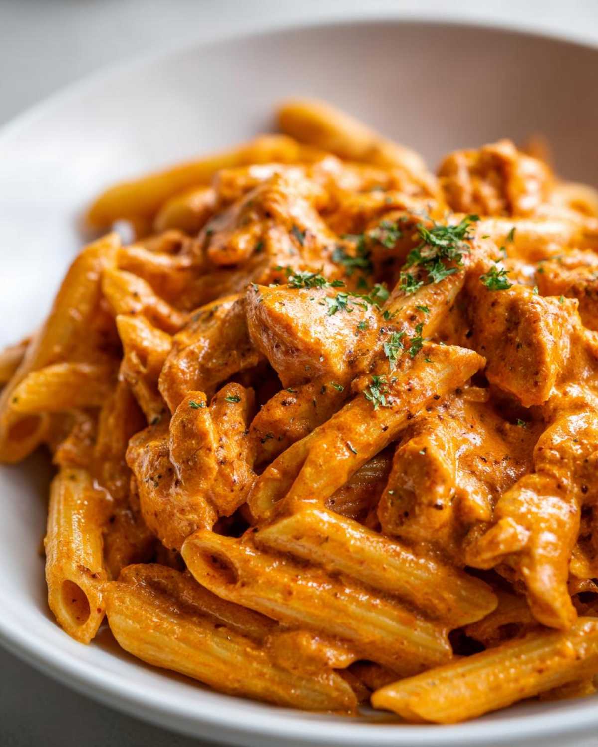 Close-up of creamy, orange-hued cajun chicken pasta featuring penne noodles and seasoned chicken pieces, garnished with parsley.