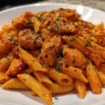 Close-up of creamy cajun chicken pasta featuring penne noodles coated in a rich orange sauce and topped with chopped parsley.