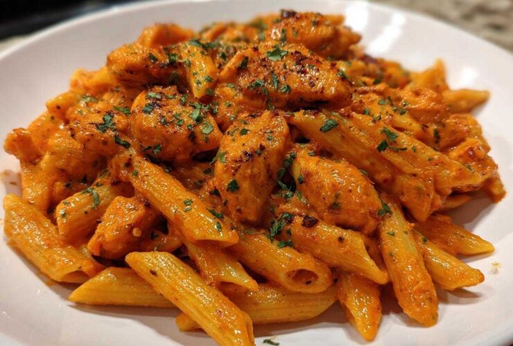 Close-up of creamy cajun chicken pasta featuring penne noodles coated in a rich orange sauce and topped with chopped parsley.