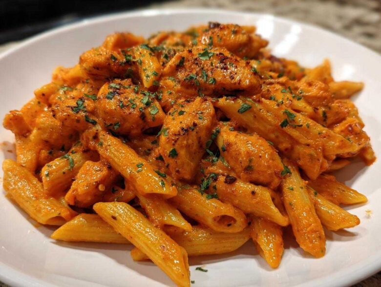 Close-up of creamy cajun chicken pasta featuring penne noodles coated in a rich orange sauce and topped with chopped parsley.