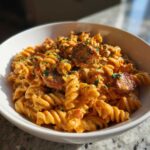 A close-up of creamy cajun sausage pasta made with rotini pasta and sliced sausage, garnished with parsley.