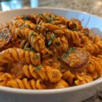 Close-up of creamy Cajun sausage pasta featuring rotini noodles and sliced sausage, garnished with parsley.
