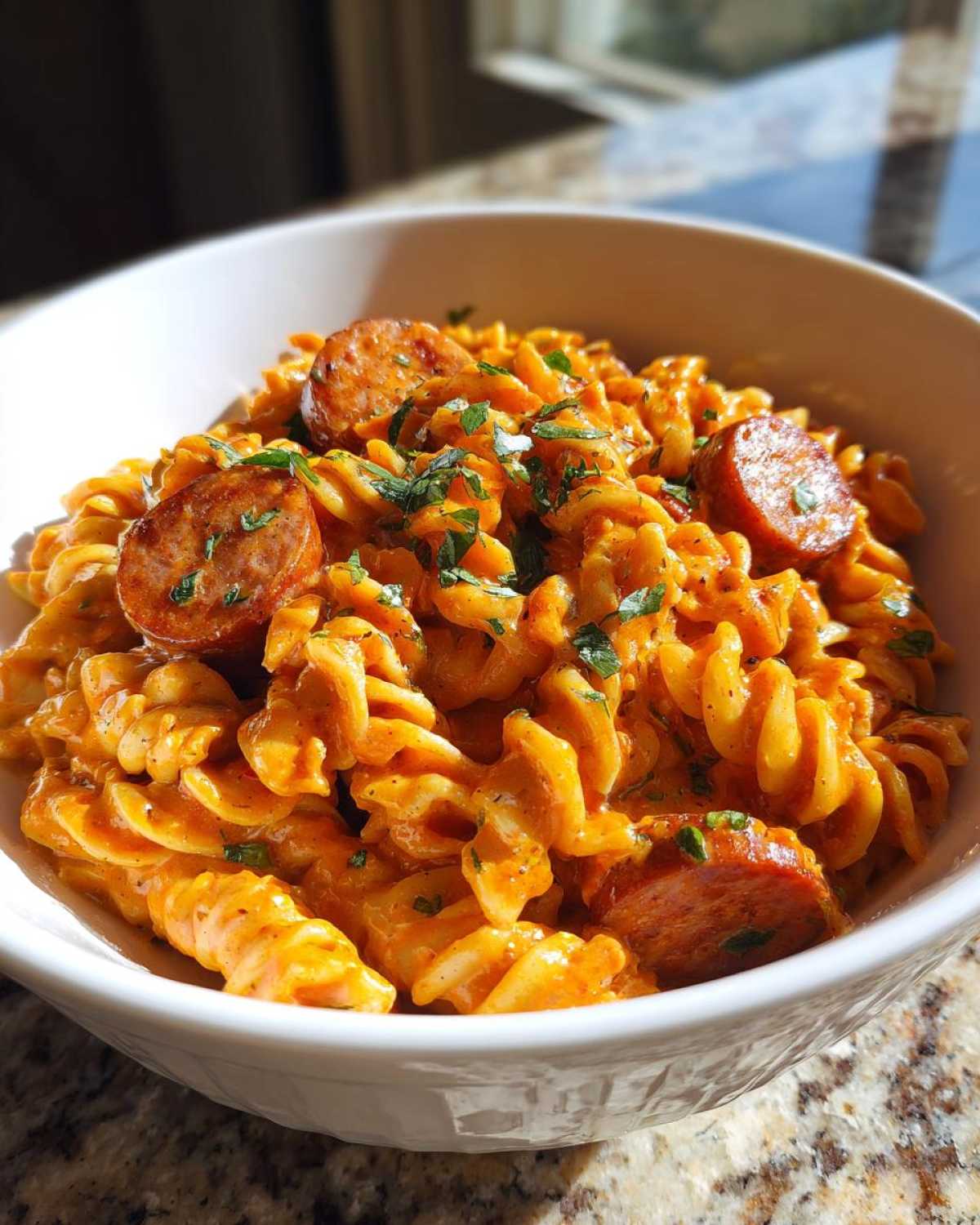 Close-up of creamy Cajun sausage pasta with rotini noodles and sliced sausage, garnished with parsley.