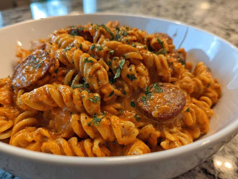 Close-up of creamy Cajun sausage pasta featuring rotini noodles and sliced sausage, garnished with parsley.