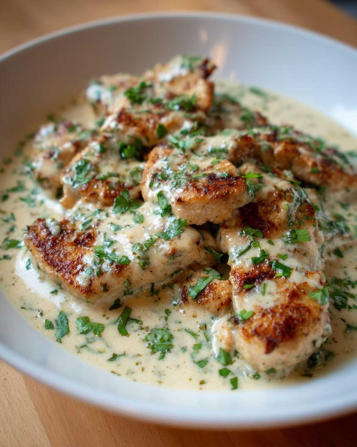 Close-up of seared chicken pieces smothered in a creamy sauce, garnished with fresh parsley, representing coconut lime chicken.