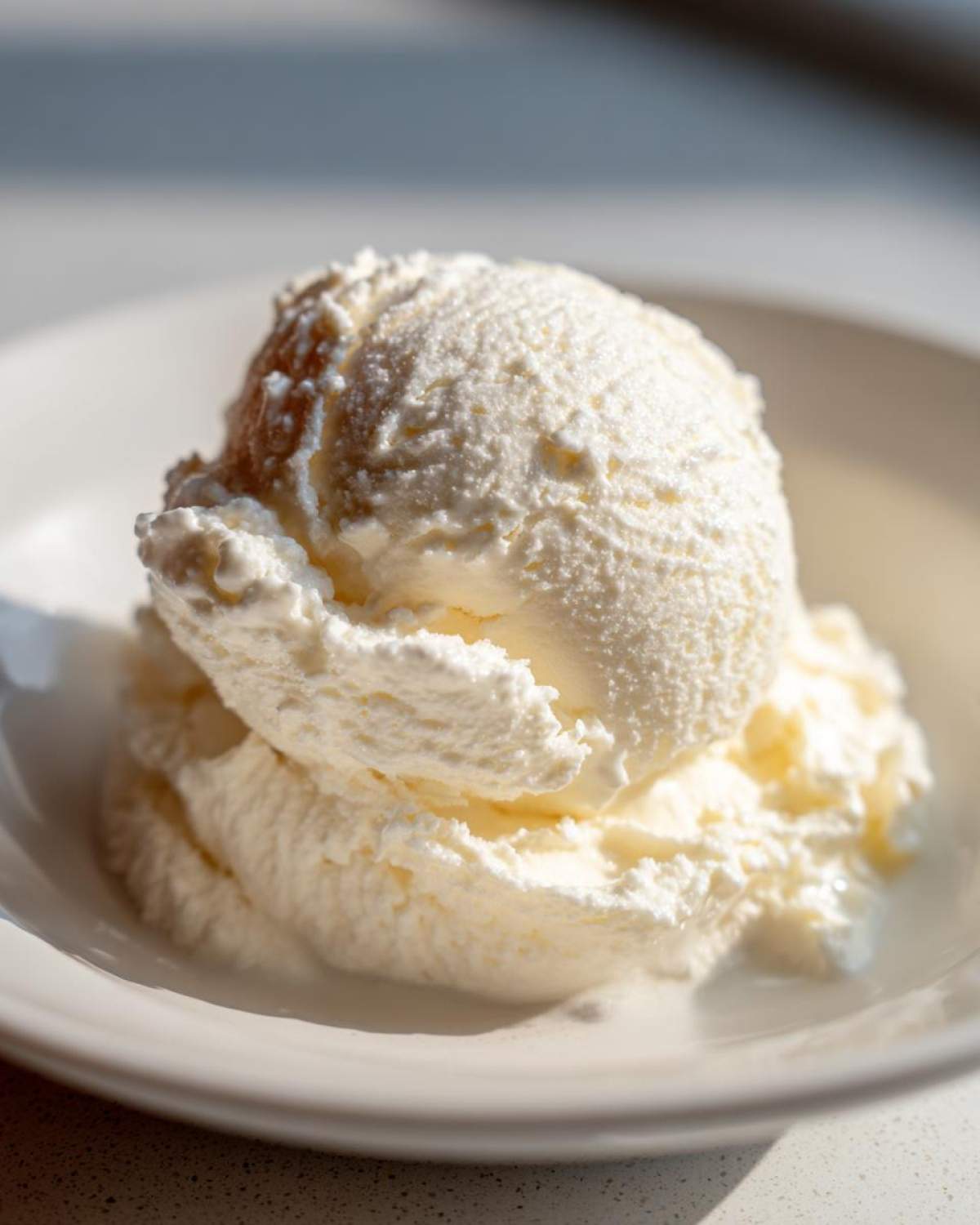A close-up of a perfect scoop of white, creamy cottage cheese ice cream melting slightly in a white bowl.