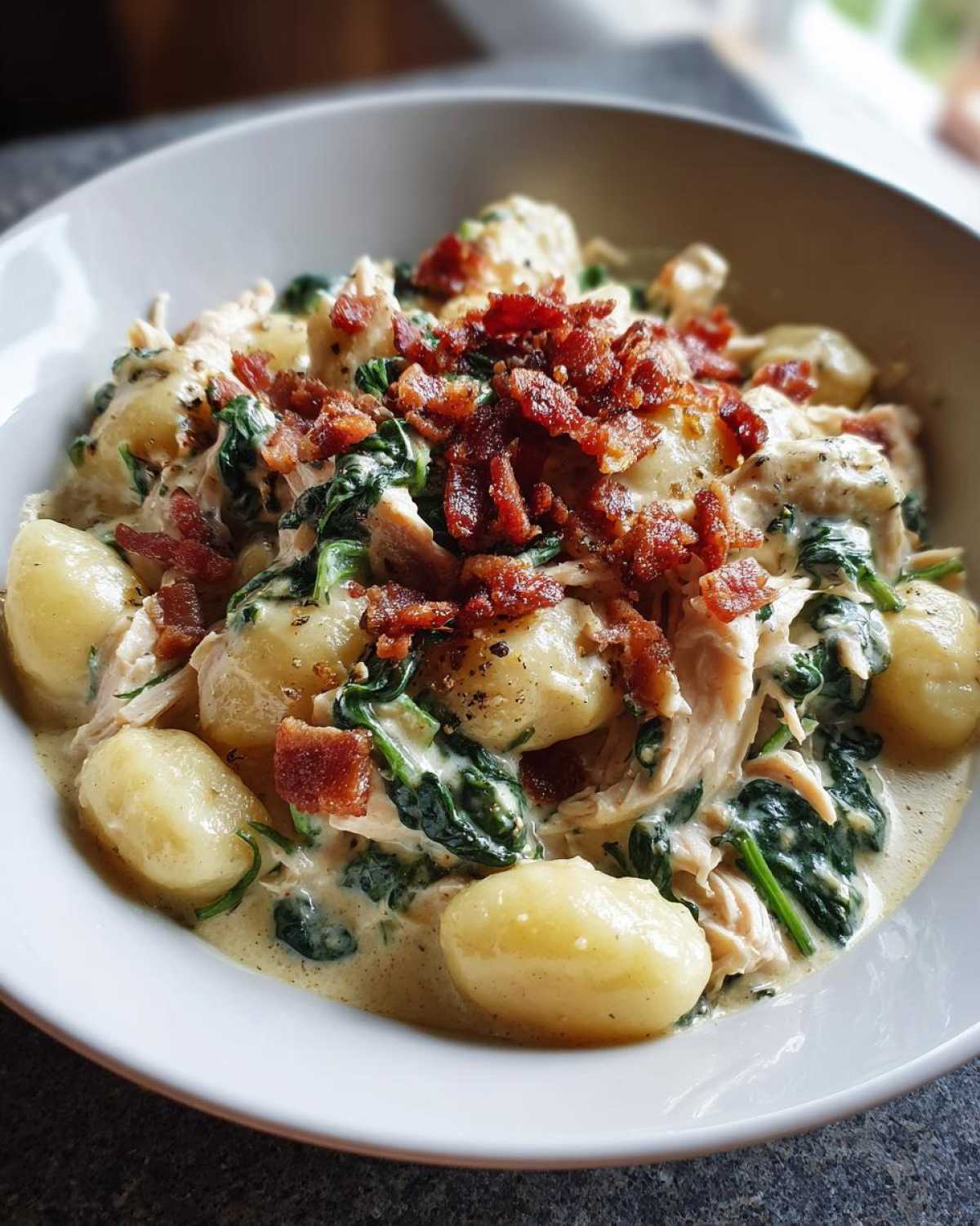 A bowl of creamy crack chicken gnocchi mixed with spinach and topped generously with crispy bacon crumbles.