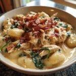 A close-up of a bowl filled with creamy crack chicken gnocchi, shredded chicken, spinach, and topped with crispy bacon bits.