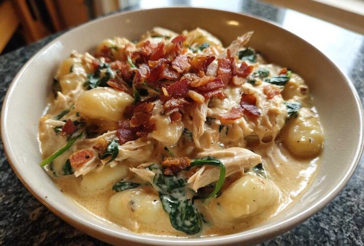 A close-up of a bowl filled with creamy crack chicken gnocchi, shredded chicken, spinach, and topped with crispy bacon bits.