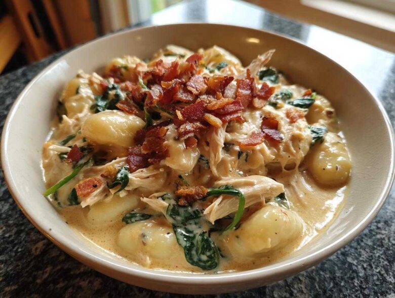 A close-up of a bowl filled with creamy crack chicken gnocchi, shredded chicken, spinach, and topped with crispy bacon bits.