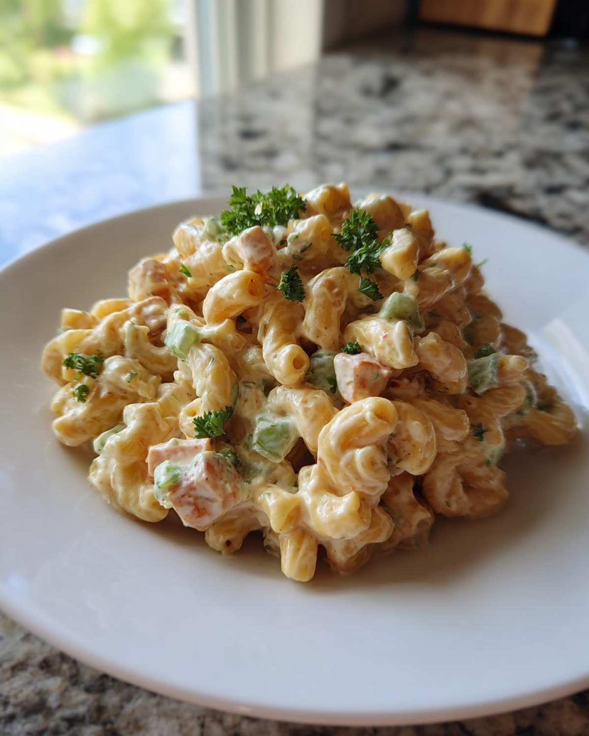 A mound of creamy deviled egg pasta salad made with elbow macaroni, garnished with fresh parsley on a white plate.