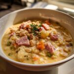 A close-up of a hearty, creamy bean soup garnished with diced ham, carrots, and fresh thyme.