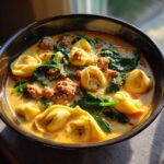 Close-up of a bowl of creamy italian sausage tortellini soup with wilted spinach and cheese garnish.