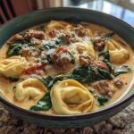 A close-up of a hearty bowl of creamy italian sausage tortellini soup, filled with pasta, sausage, spinach, and topped with parmesan.