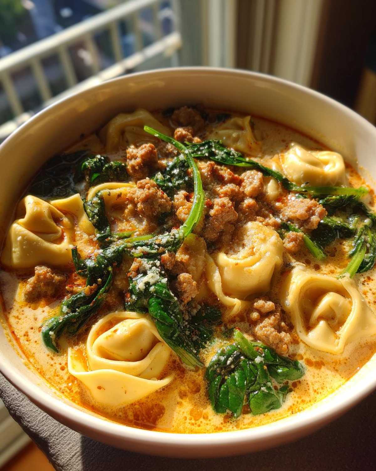 Close-up of a creamy italian sausage tortellini soup featuring tortellini, crumbled sausage, and wilted spinach.