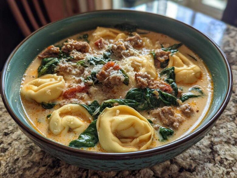 A close-up of a hearty bowl of creamy italian sausage tortellini soup, filled with pasta, sausage, spinach, and topped with parmesan.