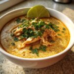 A close-up of a creamy keto white chicken chili topped with shredded chicken, fresh cilantro, and a lime wedge.