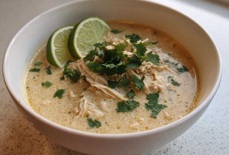 A close-up of a creamy keto white chicken chili, topped with shredded chicken, fresh cilantro, and two lime slices.