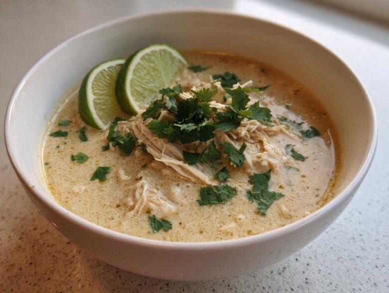 A close-up of a creamy keto white chicken chili, topped with shredded chicken, fresh cilantro, and two lime slices.
