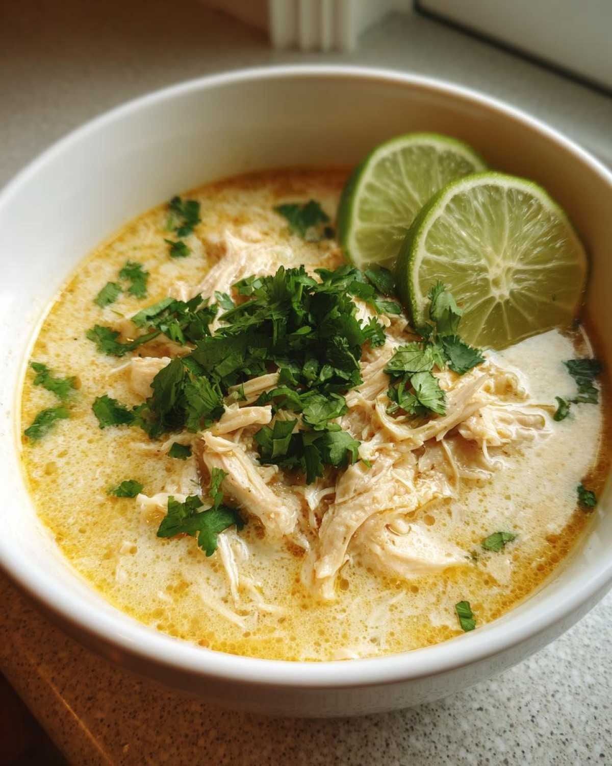 A close-up of a bowl of creamy keto white chicken chili topped with shredded chicken, fresh cilantro, and lime slices.