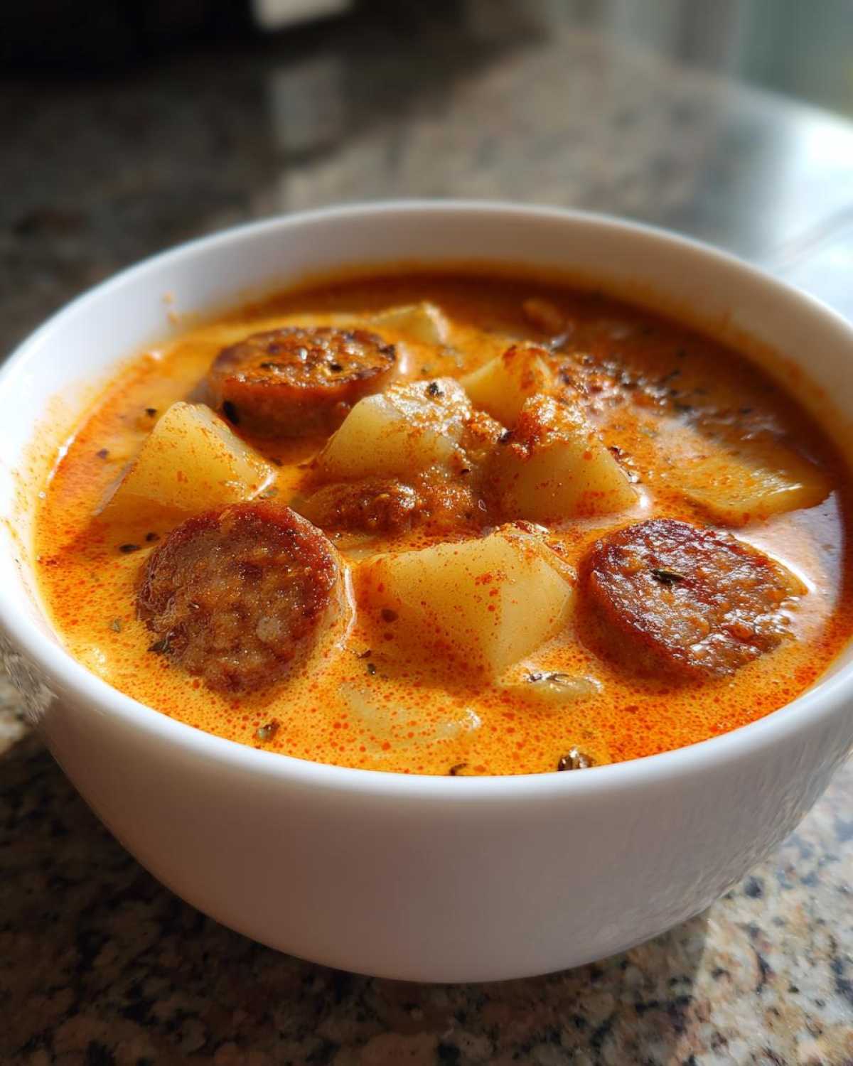 Close-up of a white bowl filled with creamy, orange-hued kielbasa potato soup featuring chunks of potato and sliced sausage.