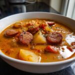 Close-up of a creamy, orange-hued kielbasa potato soup filled with chunks of potato and sliced smoked sausage.