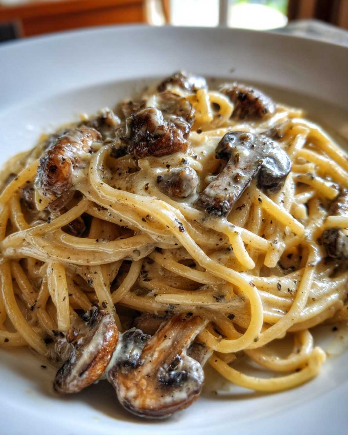 Close-up of spaghetti coated in a creamy sauce with sautéed mushrooms, highlighting the texture of the mushroom pasta.