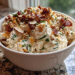 A white bowl filled with creamy Neiman Marcus dip, topped generously with crumbled bacon and sliced almonds.
