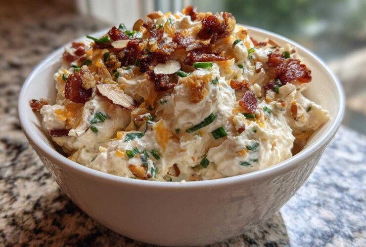 A white bowl filled with creamy Neiman Marcus dip, topped generously with crumbled bacon and sliced almonds.