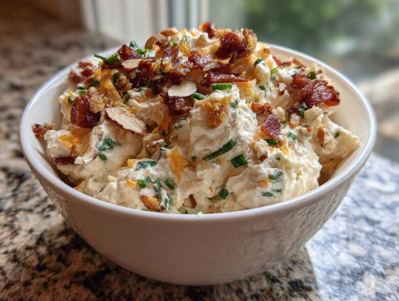 A white bowl filled with creamy Neiman Marcus dip, topped generously with crumbled bacon and sliced almonds.