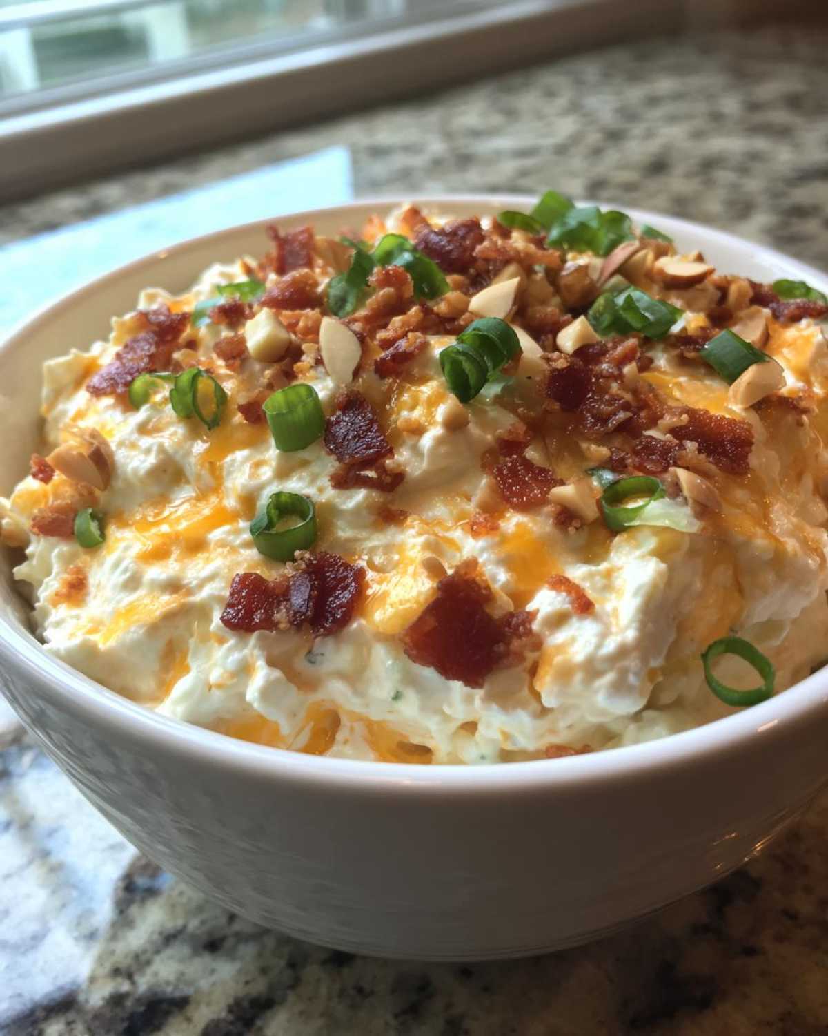 A close-up of creamy Neiman Marcus dip in a white bowl, topped with bacon bits, sliced almonds, and green onions.