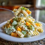 A spoonful of creamy pickle pasta salad lifted above a white plate filled with the salad, featuring fusilli pasta, dill, and orange pickle chunks.