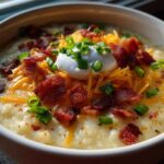 Close-up of a hearty bowl of creamy potato soup recipe topped with bacon, cheddar, sour cream, and chives.