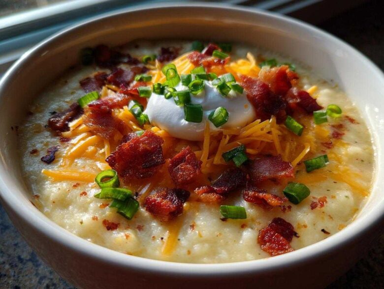 Close-up of a hearty bowl of creamy potato soup recipe topped with bacon, cheddar, sour cream, and chives.