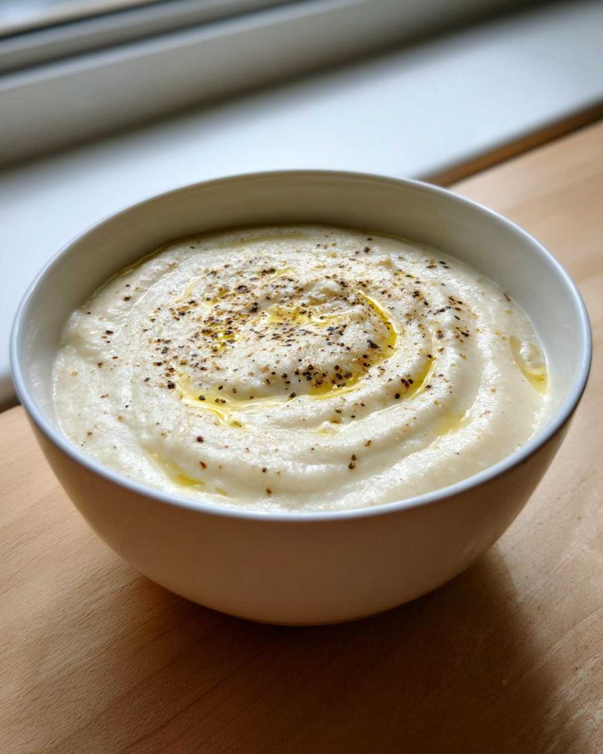 A close-up of creamy roasted cauliflower soup swirled in a white bowl, drizzled with olive oil and cracked black pepper.
