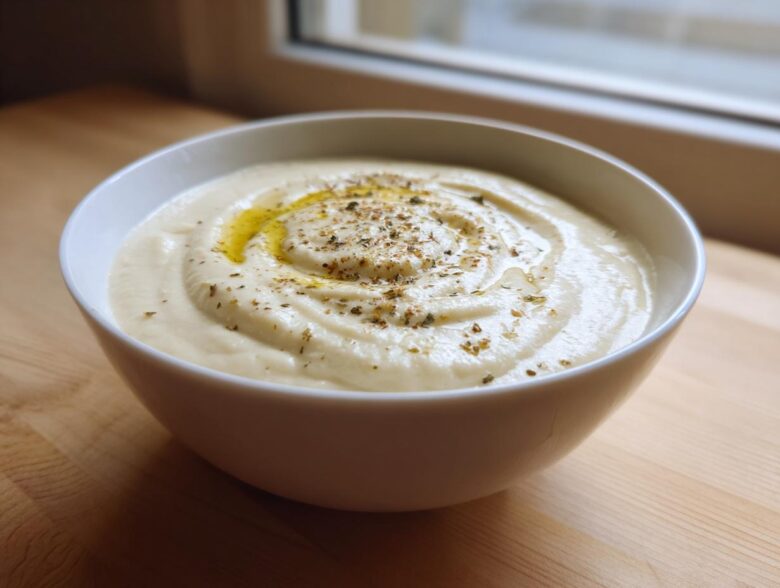 A close-up of creamy roasted cauliflower soup, swirled and topped with olive oil and herbs, in a white bowl.