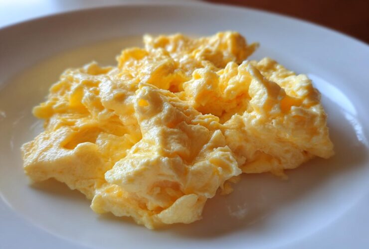 Close-up of fluffy, creamy scrambled eggs served simply on a white plate.