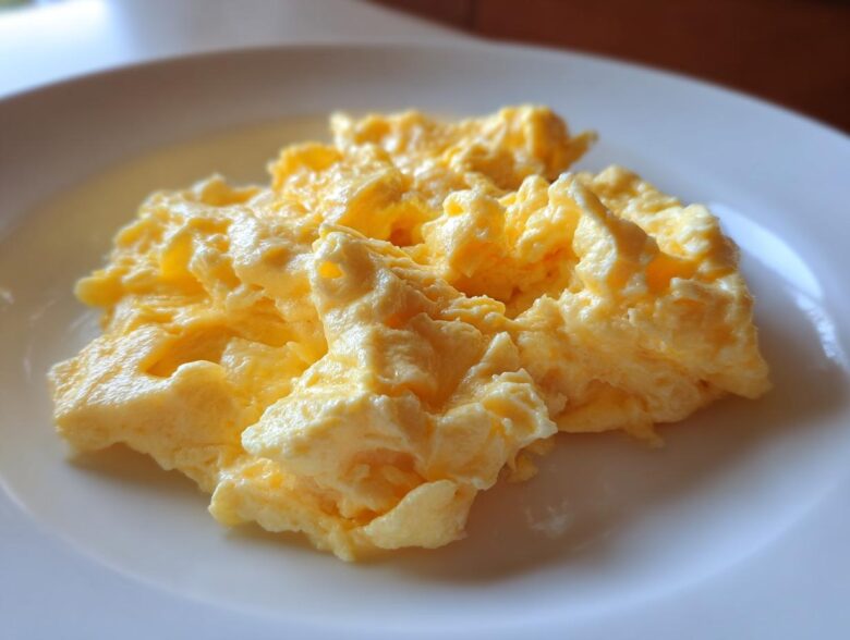 Close-up of fluffy, creamy scrambled eggs served simply on a white plate.