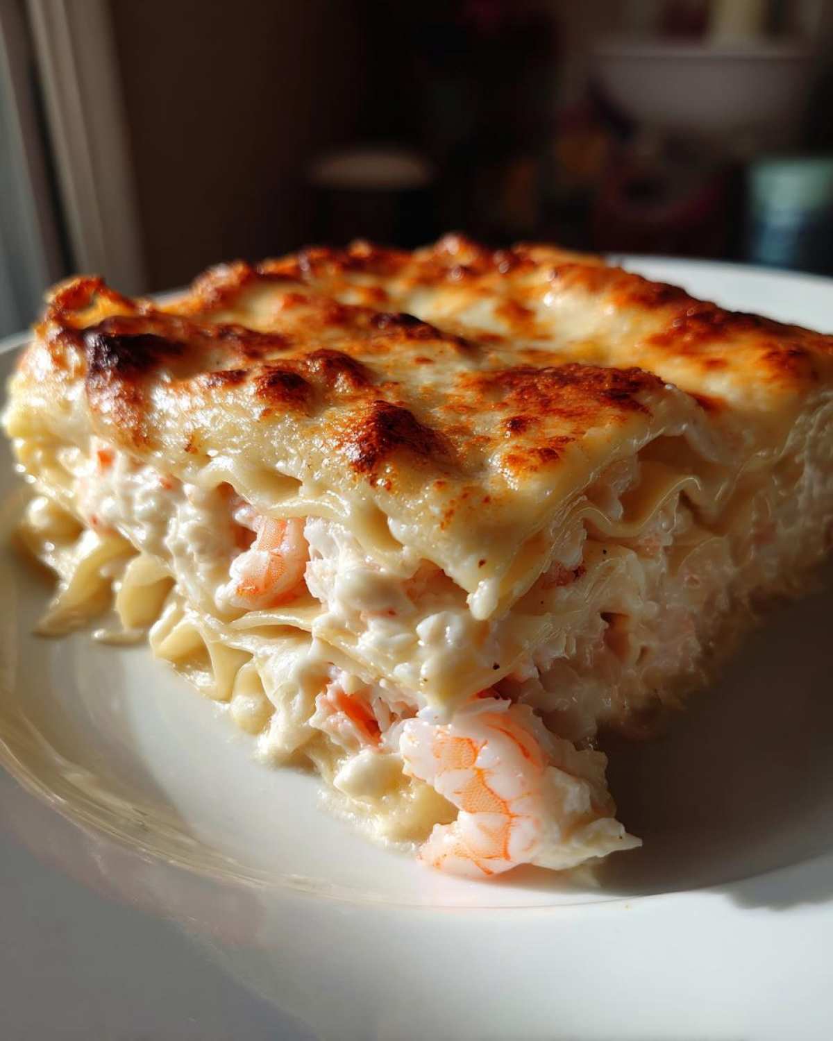 A close-up of a square serving of creamy seafood lasagna, showing layers of pasta, white sauce, and visible pink shrimp.