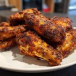 A close-up of a pile of seasoned, crispy air fryer chicken wings stacked on a white plate.
