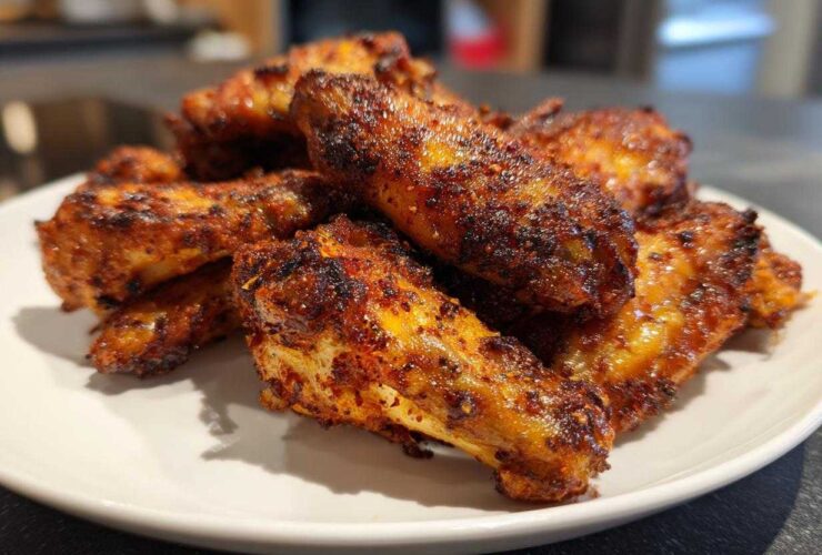 A close-up of a pile of seasoned, crispy air fryer chicken wings stacked on a white plate.