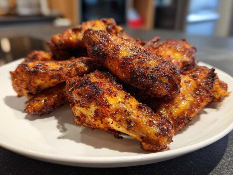 A close-up of a pile of seasoned, crispy air fryer chicken wings stacked on a white plate.