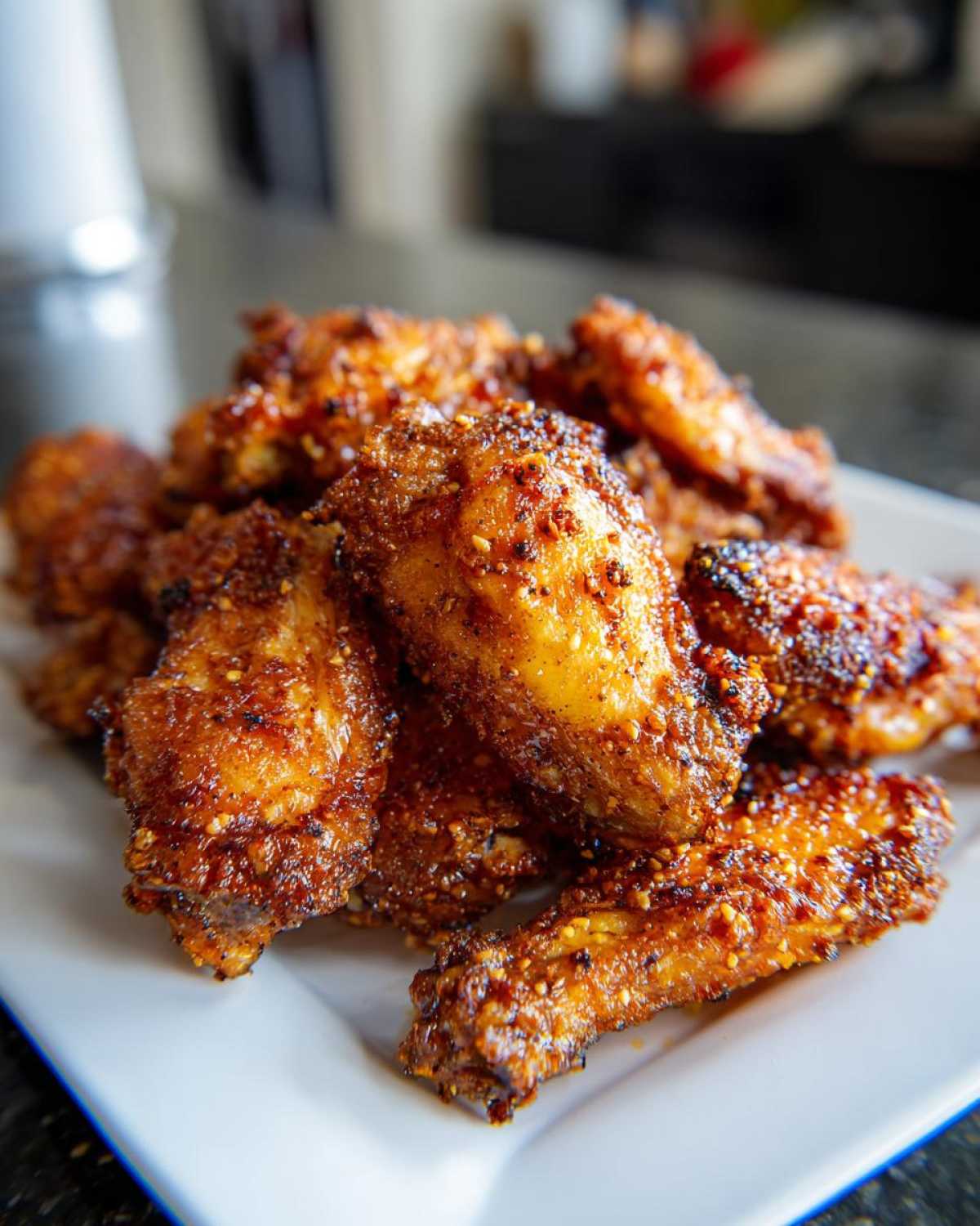 A close-up of a pile of golden brown, seasoned crispy air fryer chicken wings served on a white square plate.