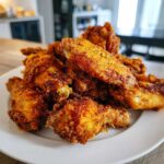 A close-up of a white plate piled high with golden brown, crispy air fryer chicken wings seasoned with pepper.